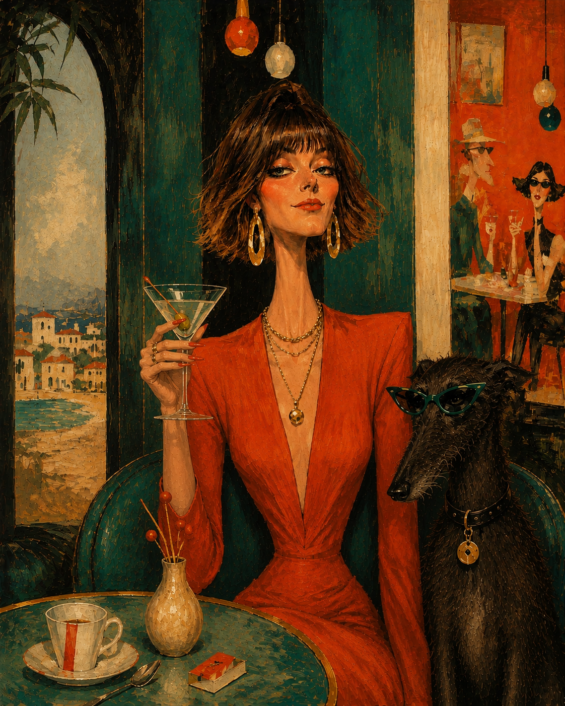 Stylized illustration of a woman in a red dress enjoying a martini with her dog at a chic lounge